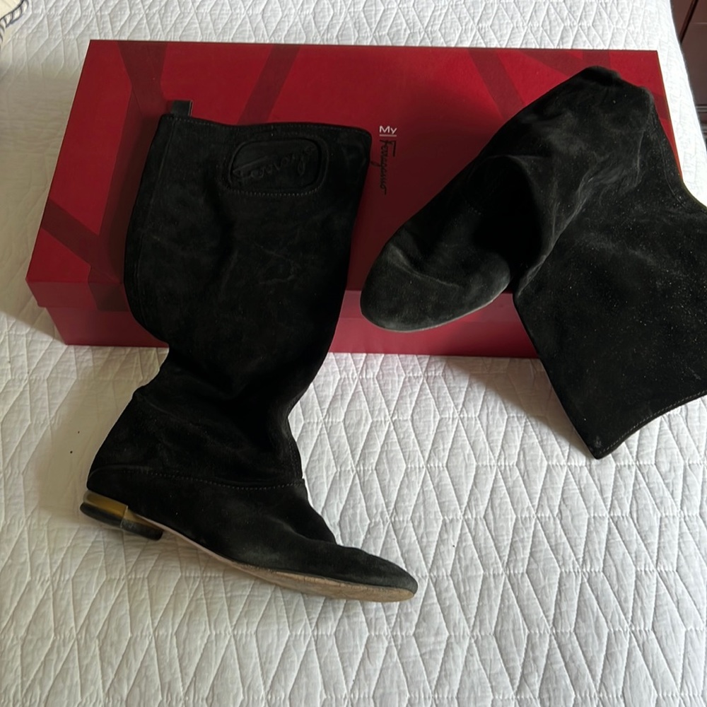 Ferragamo slouch boots, black suede